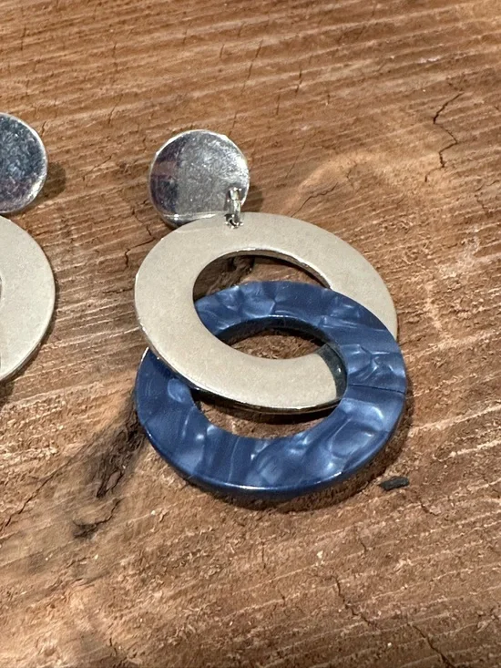 Silver and Navy Blue Interlocking Hoop Drop Earrings - Women Jewelry - Picture 4 of 5